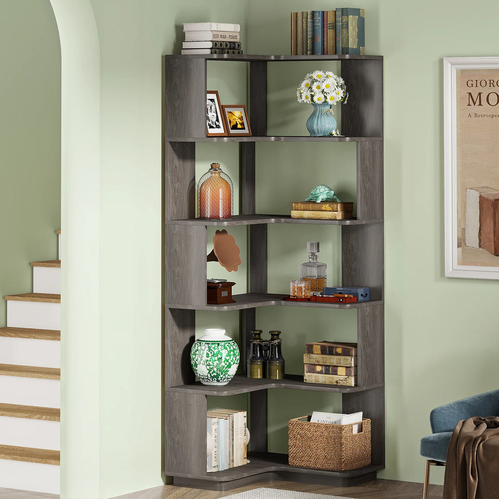 Tribesigns 6-Shelf Corner Bookshelf, 6-Tier Tall Bookcase with Baffles, Multifunctional Book Shelves Storage Display Stand
