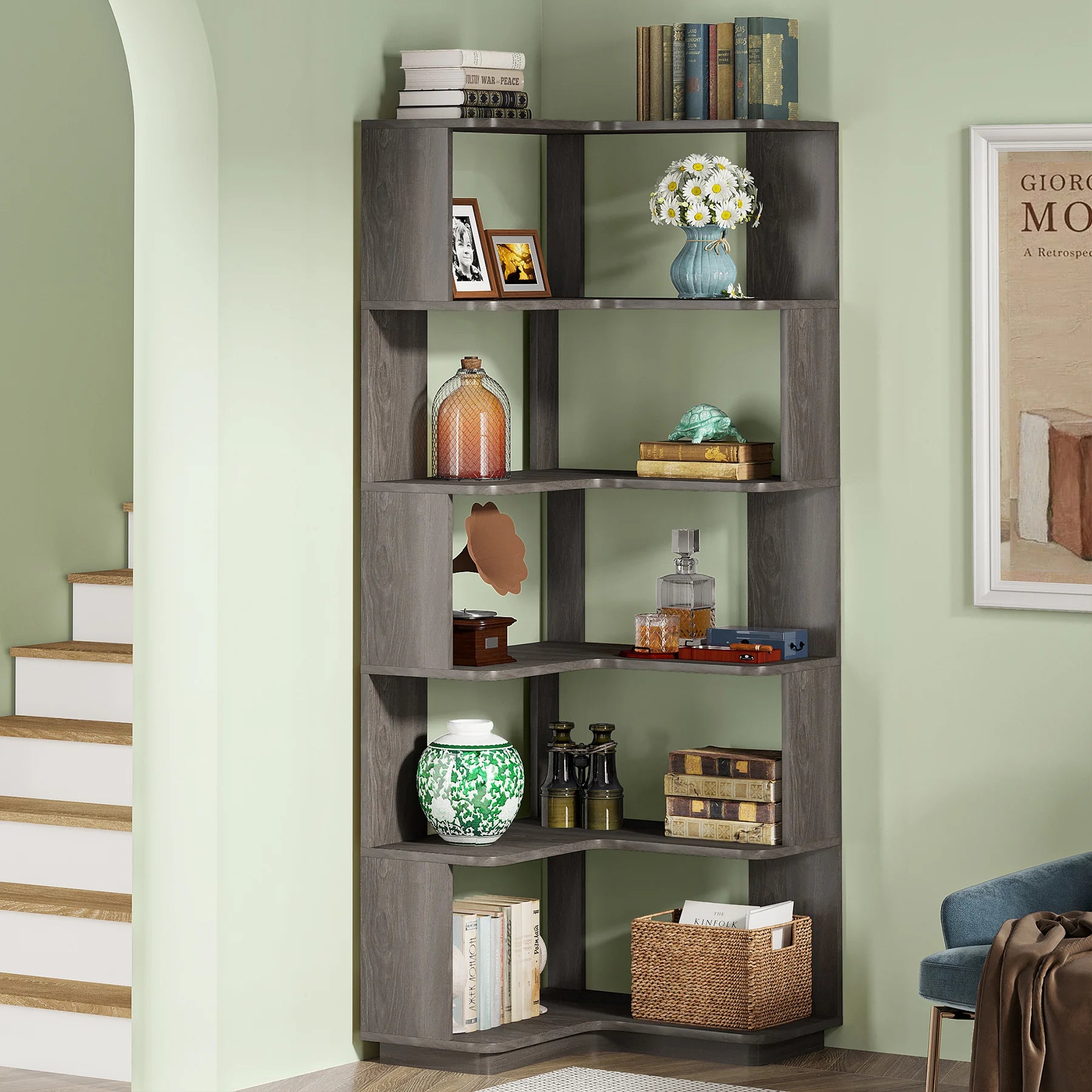 Tribesigns 6-Shelf Corner Bookshelf, 6-Tier Tall Bookcase with Baffles, Multifunctional Book Shelves Storage Display Stand
