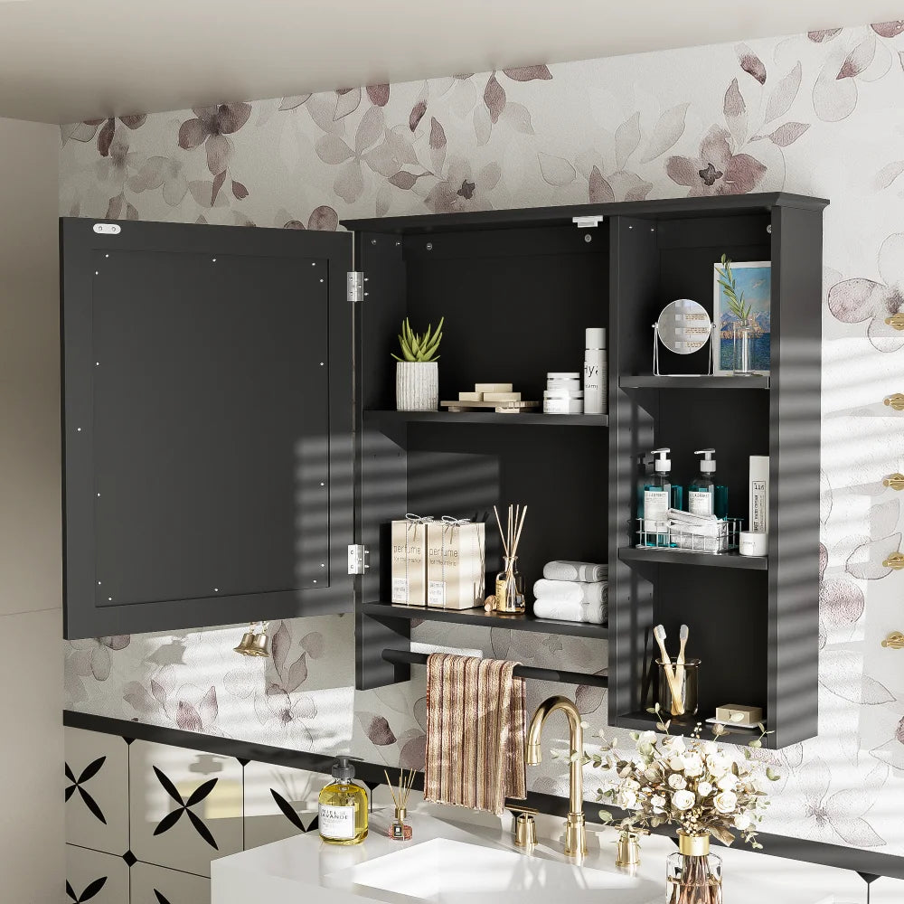 Wall Mounted Bathroom Storage Cabinet Medicine Cabinets with Large Mirror Door Adjustable Shelves and Three Open Storage Levels