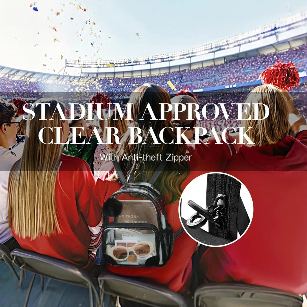 Anti-theft Clear Backpack, Small Mini Clear Bag for Sport Event Concert with Cute Fur Ball