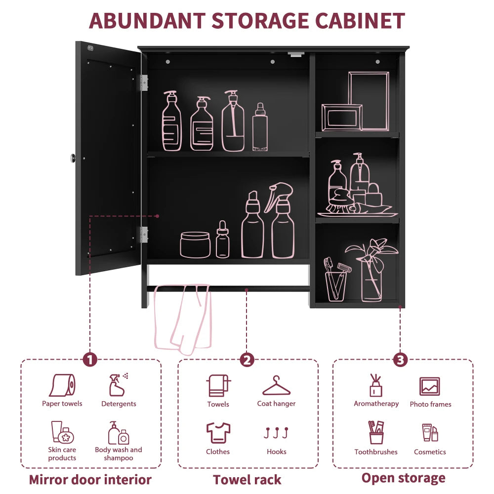 Wall Mounted Bathroom Storage Cabinet Medicine Cabinets with Large Mirror Door Adjustable Shelves and Three Open Storage Levels