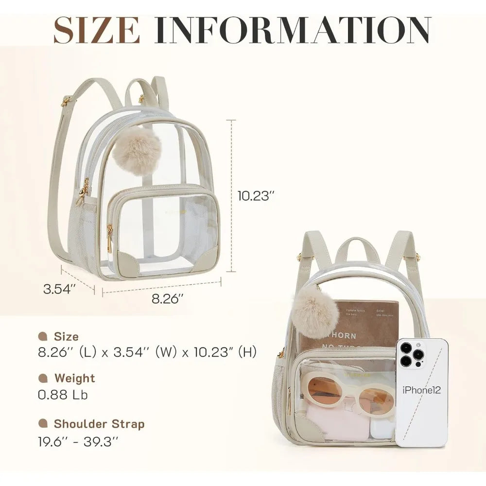 Anti-theft Clear Backpack, Small Mini Clear Bag for Sport Event Concert with Cute Fur Ball