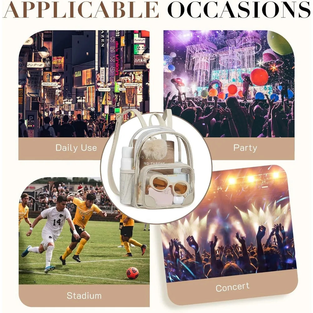 Anti-theft Clear Backpack, Small Mini Clear Bag for Sport Event Concert with Cute Fur Ball