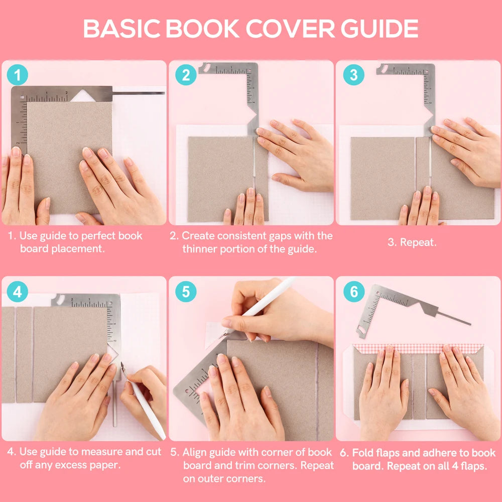 5-in-1 Book Cover Guide to Create Sturdy Chipboard Covers Bookbinding Ruler Stainless Steel Corner Cutting for Scrapbooking Tool