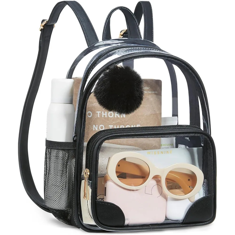 Anti-theft Clear Backpack, Small Mini Clear Bag for Sport Event Concert with Cute Fur Ball