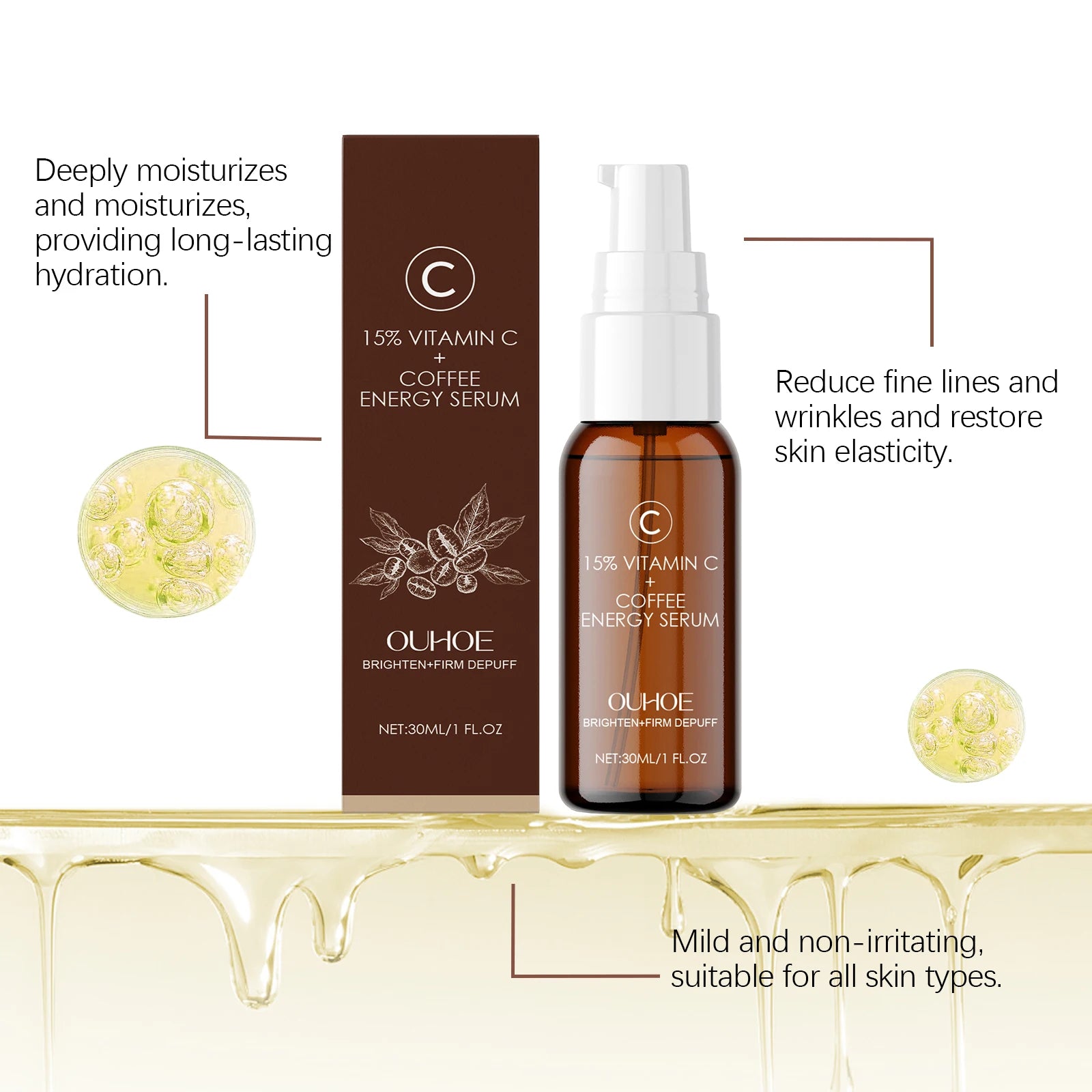 OUHOE Caffeine - Infused Firming Essence: Glycerin, Coffee Extract, Moisturize, Tighten, Anti - Aging, All Skin Types