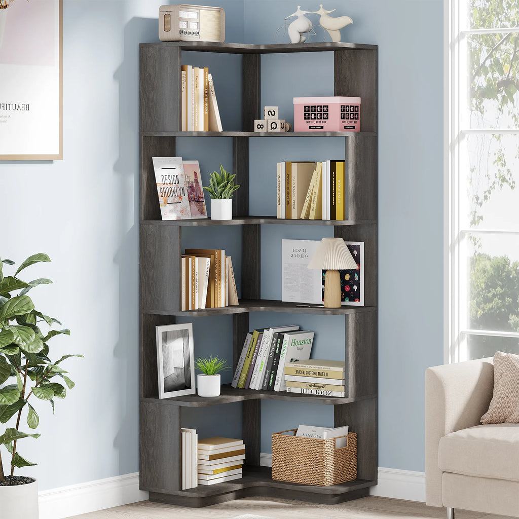 Tribesigns 6-Shelf Corner Bookshelf, 6-Tier Tall Bookcase with Baffles, Multifunctional Book Shelves Storage Display Stand