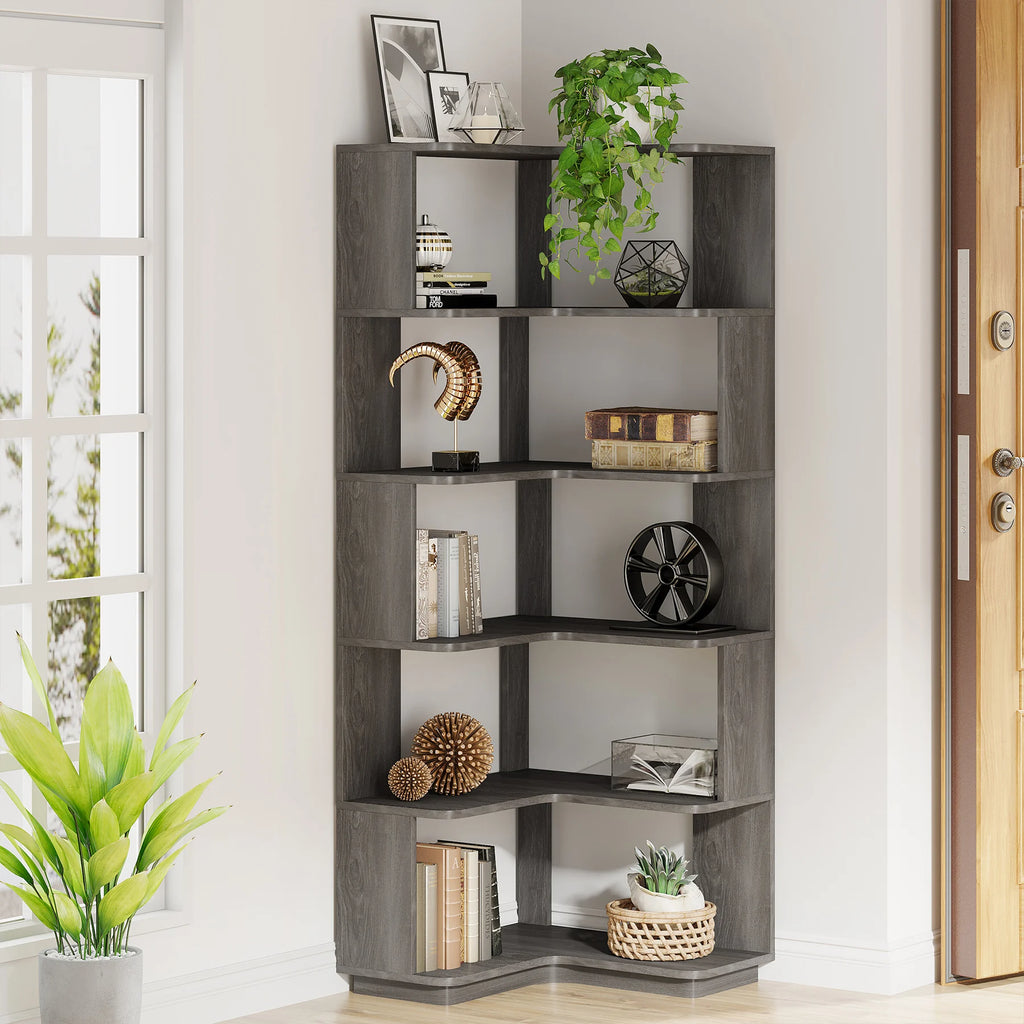 Tribesigns 6-Shelf Corner Bookshelf, 6-Tier Tall Bookcase with Baffles, Multifunctional Book Shelves Storage Display Stand