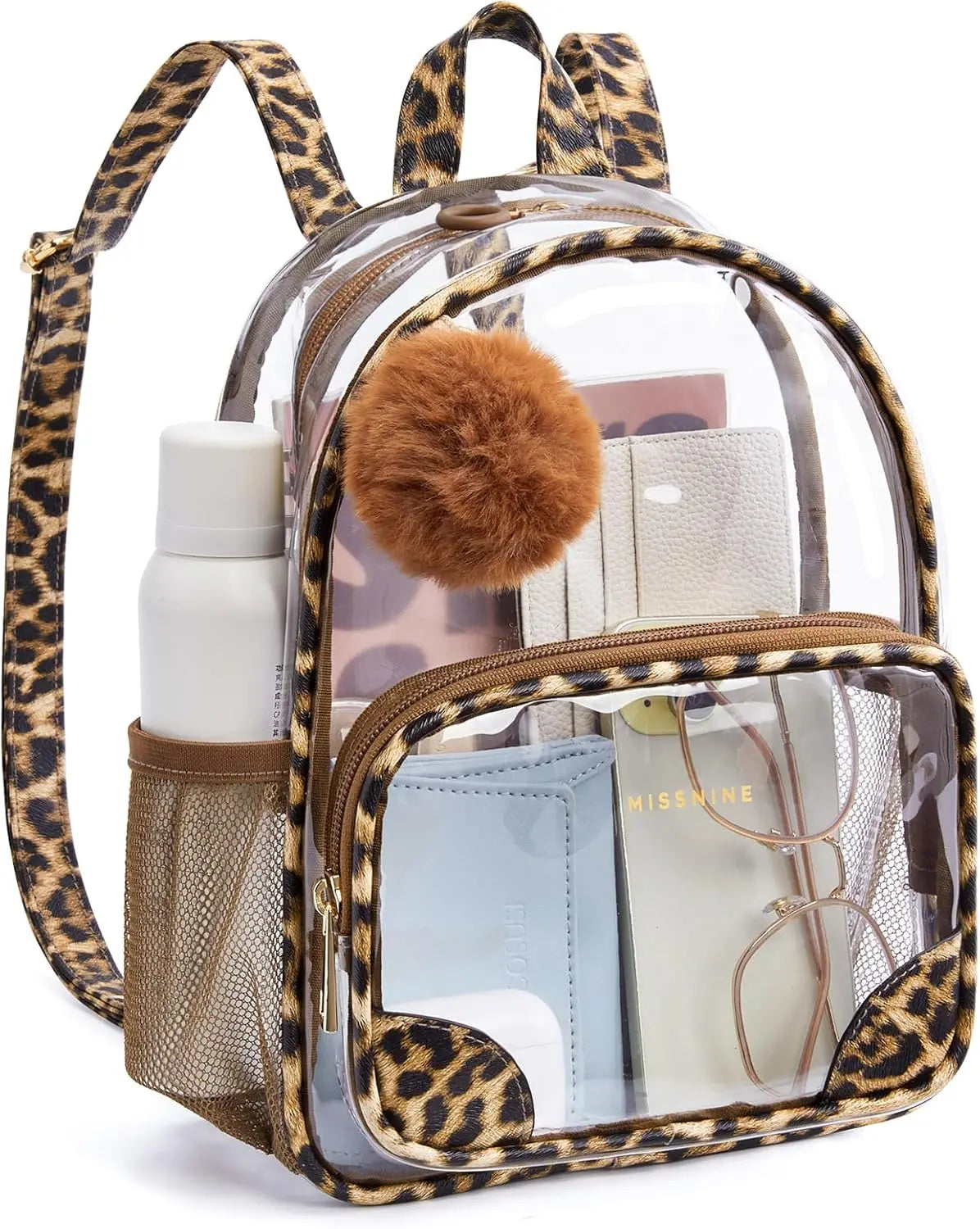 Anti-theft Clear Backpack, Small Mini Clear Bag for Sport Event Concert with Cute Fur Ball